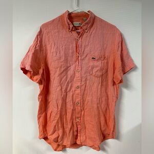 Lacoste Shirt Mens Large 42 Pink Button Down Short Sleeve 100% Linen Pocket